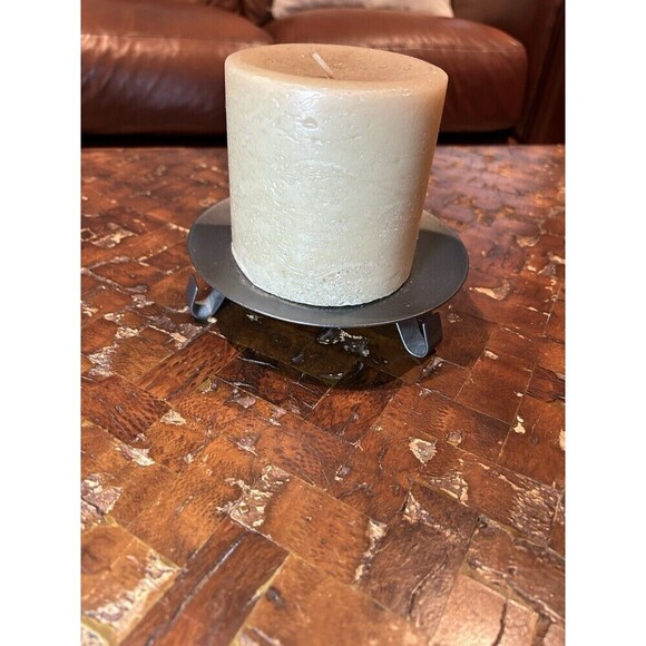 4” Tan Pillar Candle With 6” Brown Candle Holder - Picture 2 of 4